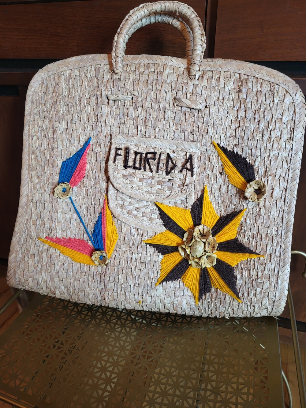 Florida Embroidered Straw Tote Bag in Natural with Yellow & Black Accents